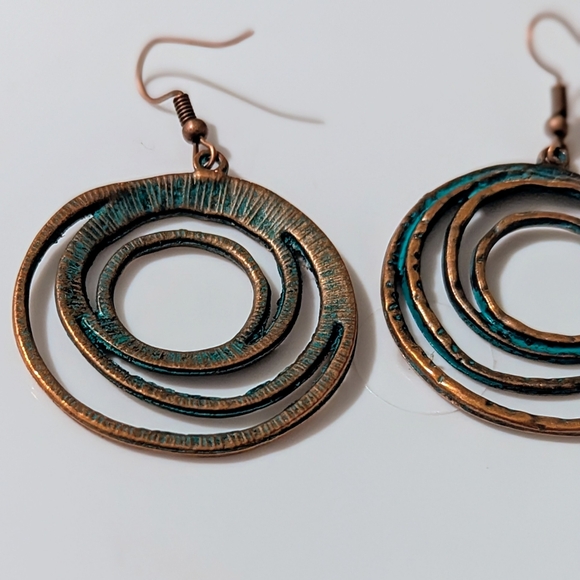 Boho Layered Circle Dangle Drop Earrings Vintage Petinaed Copper/Bronze Handmade - Picture 12 of 14